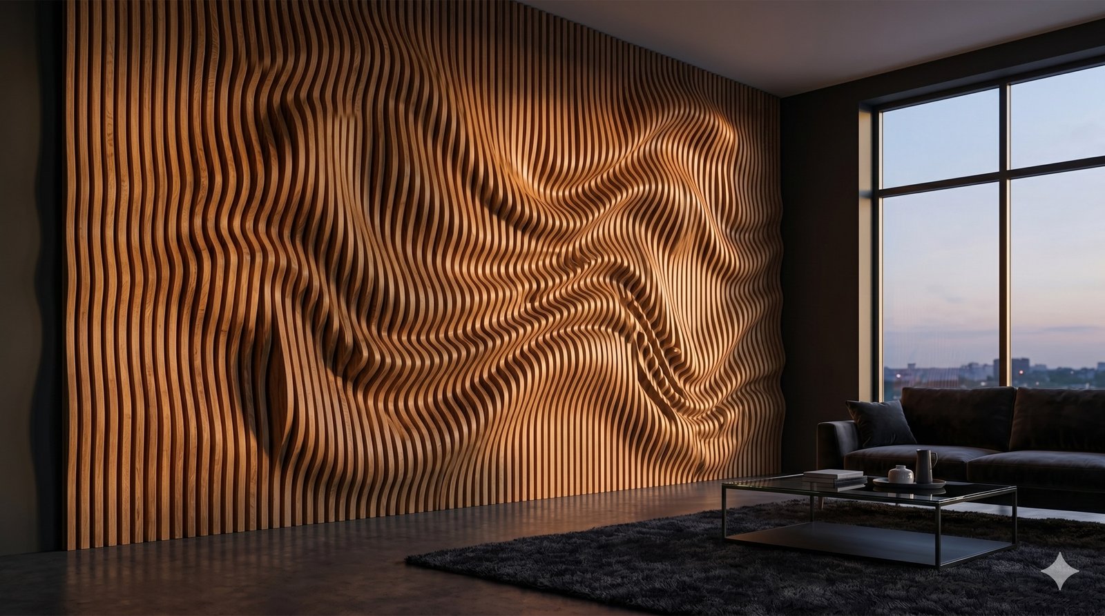 Mur paramétrique à lattes ondulées en chêne dans un intérieur moderne
